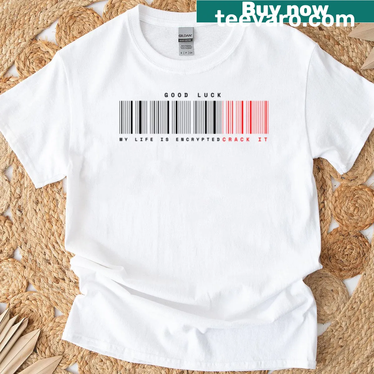 Minimalist T-shirt with an encrypted life barcode graphic — on a men's t-shirt