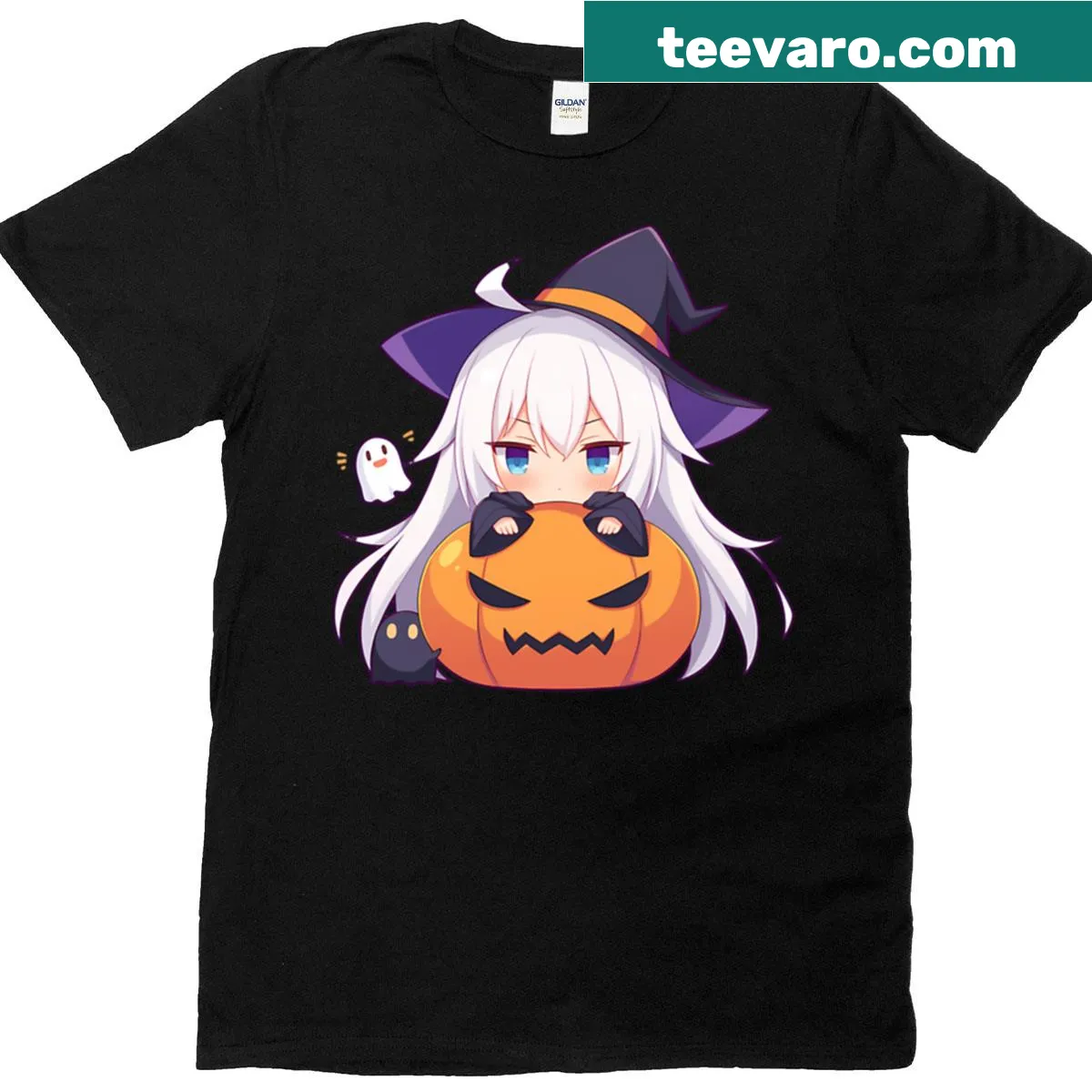 Cute anime girl pumpkin witch design on Halloween t-shirt — on a men's t-shirt
