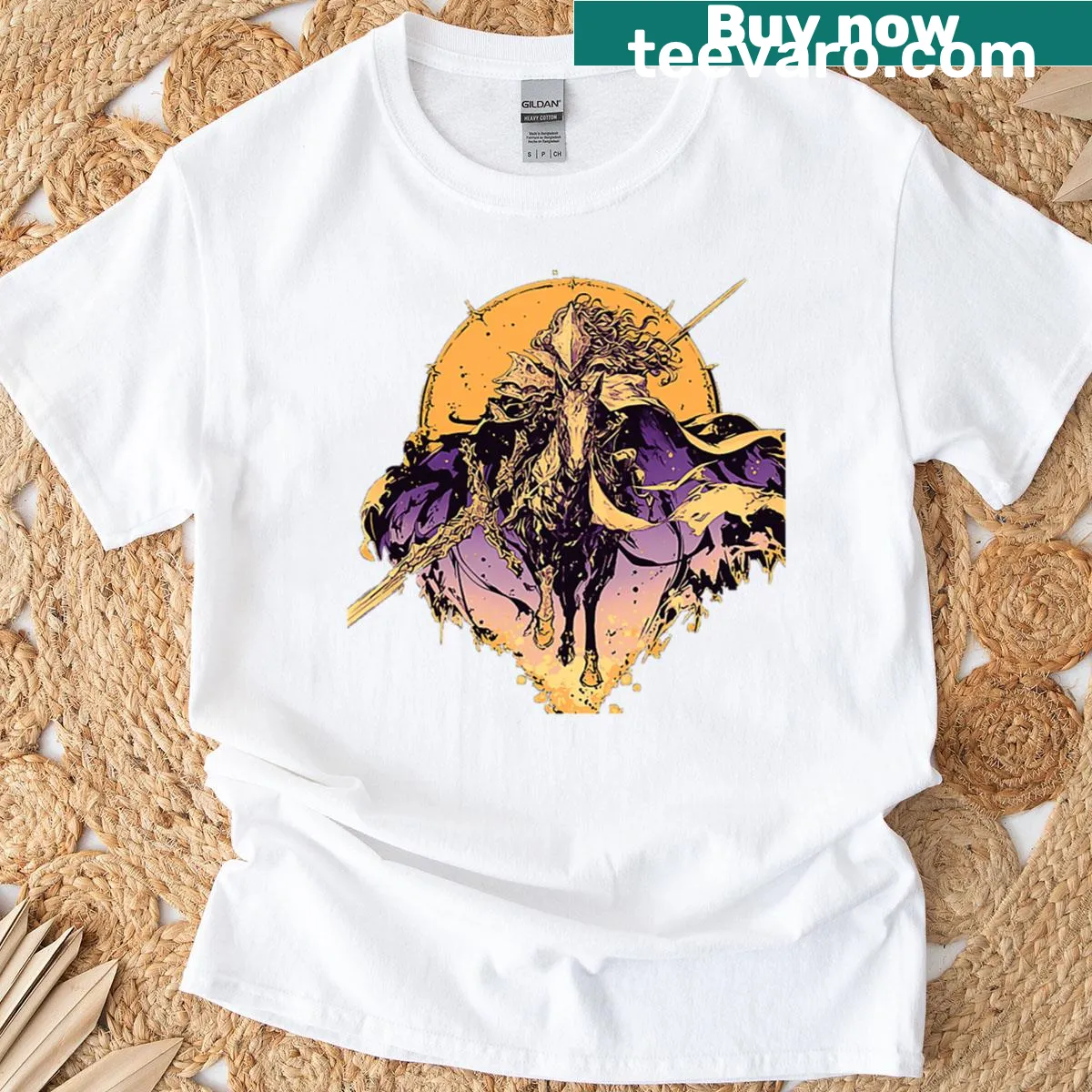 Elden Ring inspired T-shirt with epic battle rider artwork — on a men's t-shirt