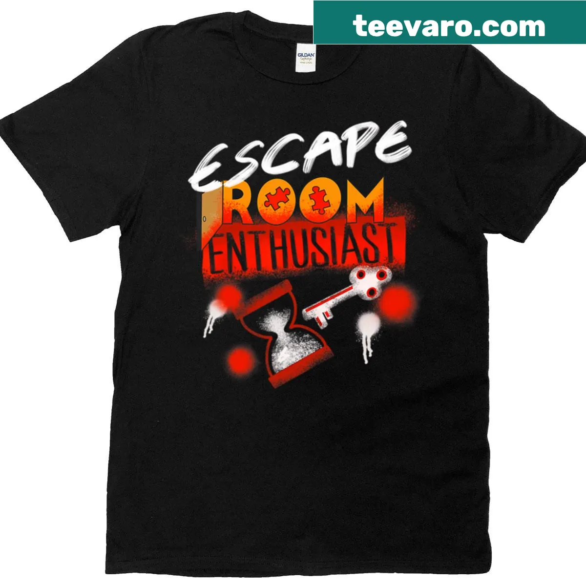 Cute escape room enthusiast t-shirt with humorous text about escape games — on a men's t-shirt