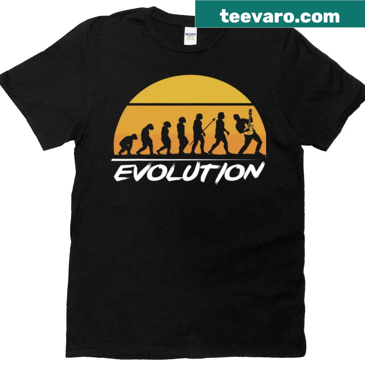 Retro guitar player evolution graphic on a t-shirt — on a men's t-shirt