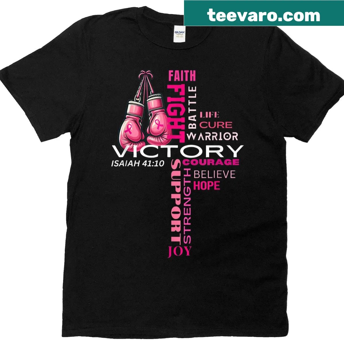 T-shirt with faith-based cross word art for breast cancer awareness — on a men's t-shirt