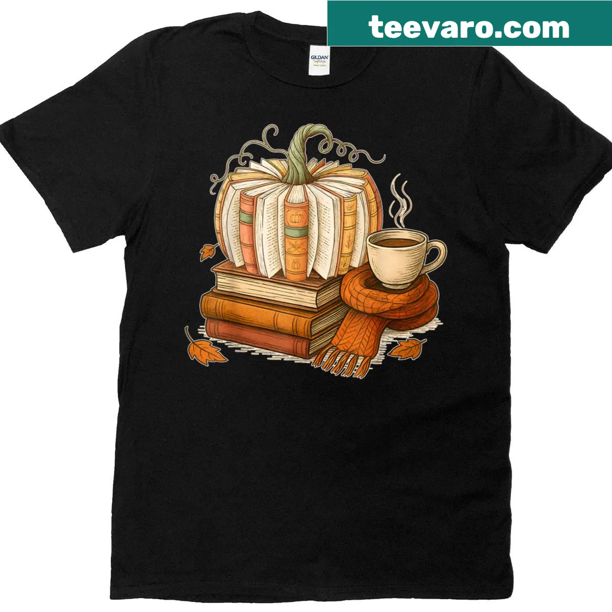 T-shirt with fall-themed design featuring books and pumpkins — on a men's t-shirt