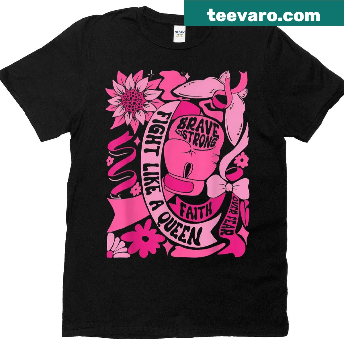 Breast cancer awareness t-shirt with Fight Like A Queen text — on a men's t-shirt