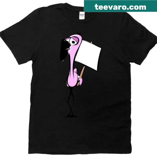 Cartoon flamingo holding a sign in a playful design