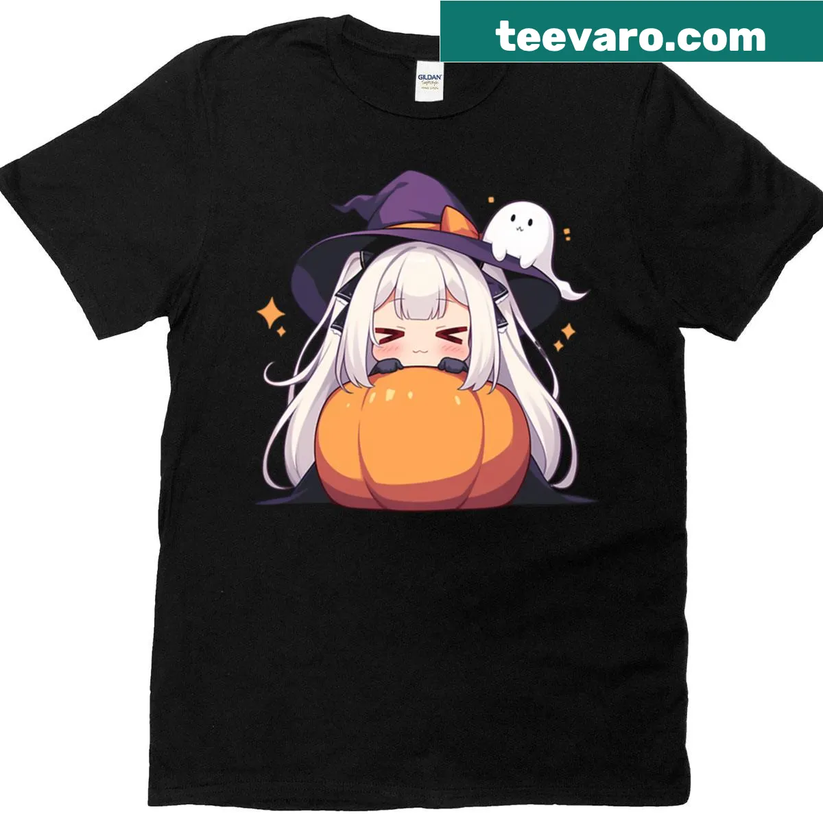 Cute Halloween T-shirt featuring a chibi anime witch with a pumpkin — on a men's t-shirt