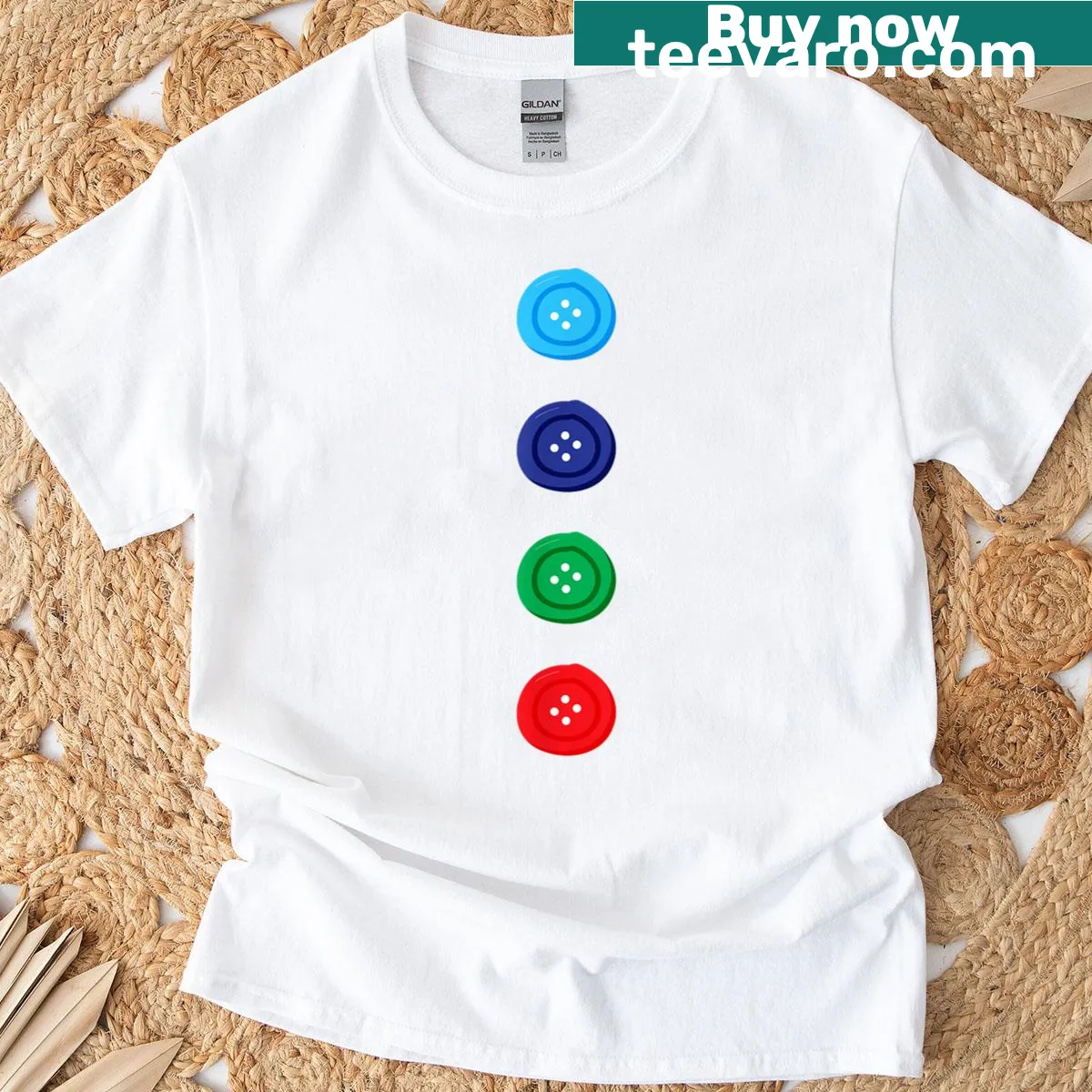 Funny Halloween costume T-shirt featuring a cat with buttons — on a men's t-shirt