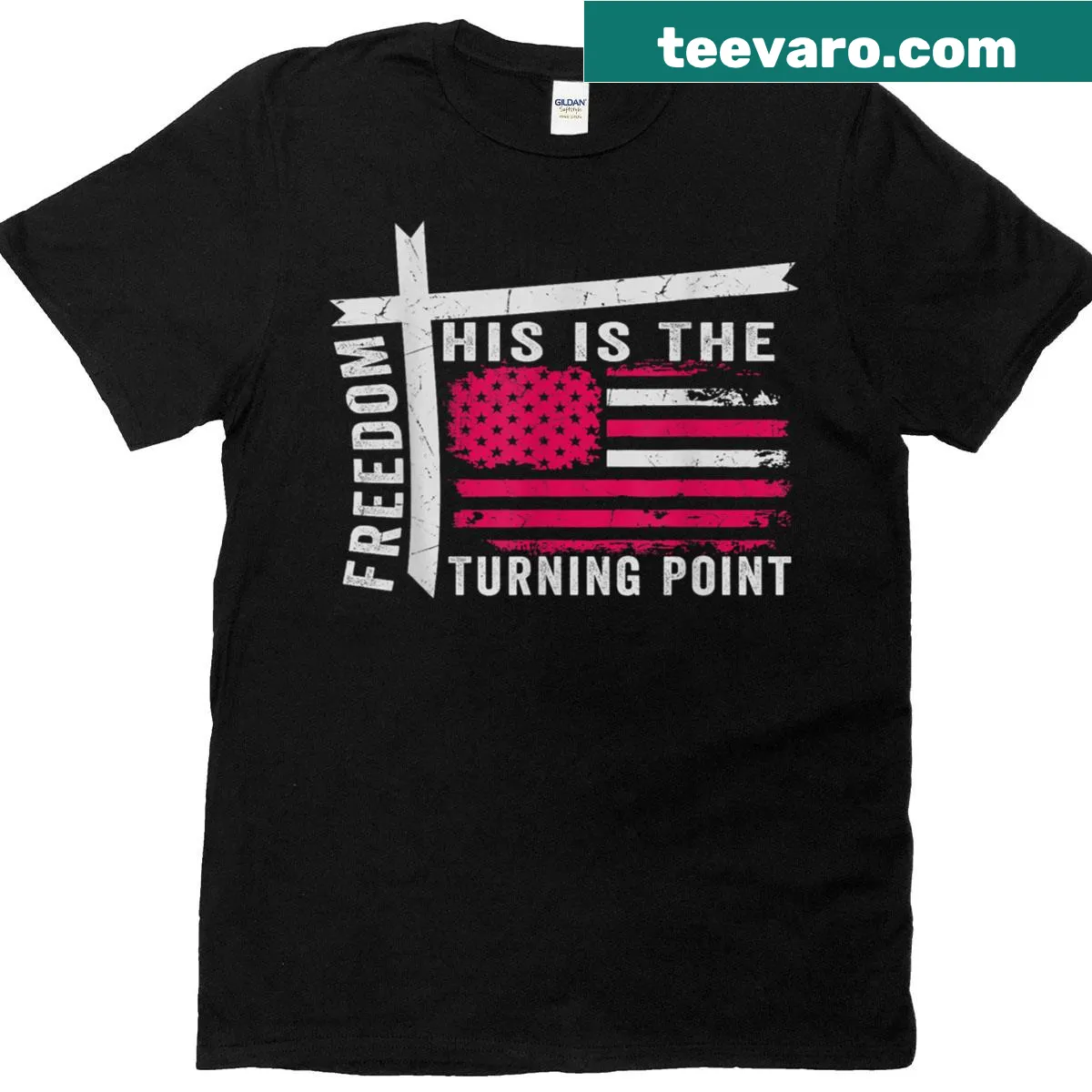 Patriotic T-shirt with a cross over a U.S. flag and bold text — on a men's t-shirt