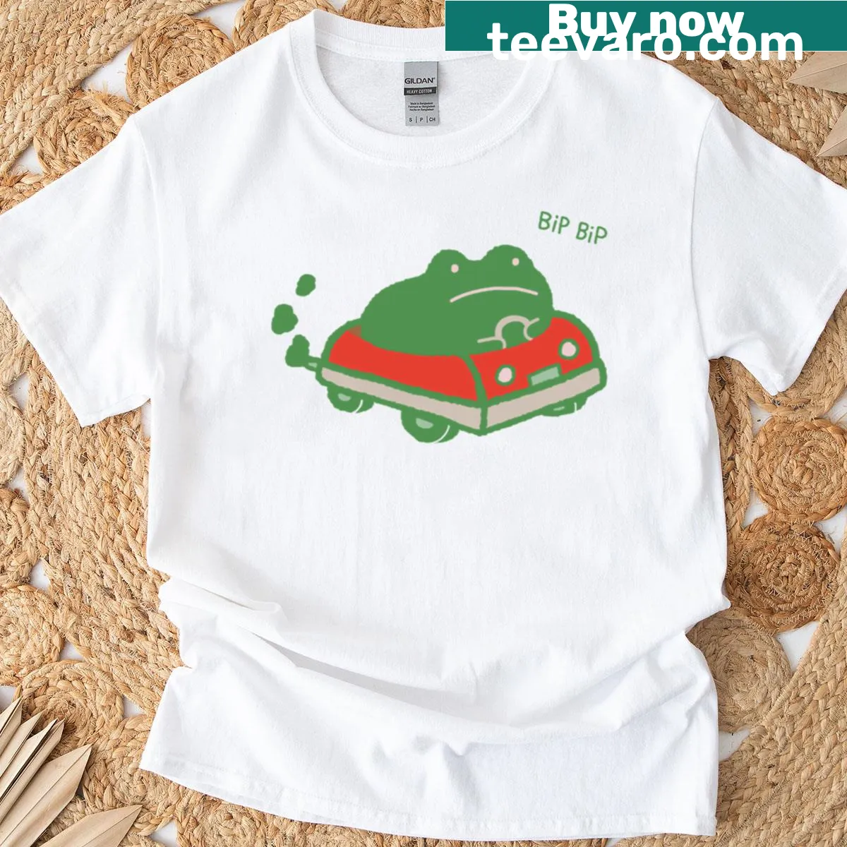 Cute Frog Car cartoon illustration T-shirt — on a men's t-shirt