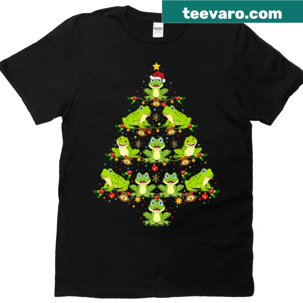 Cartoon frog on a Christmas tree graphic on a T-shirt