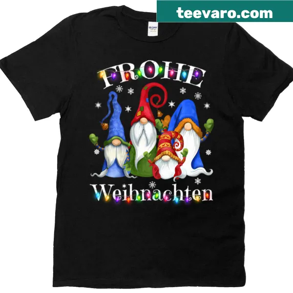 T-shirt featuring a cheerful German gnome and 'Frohe Weihnachten' text