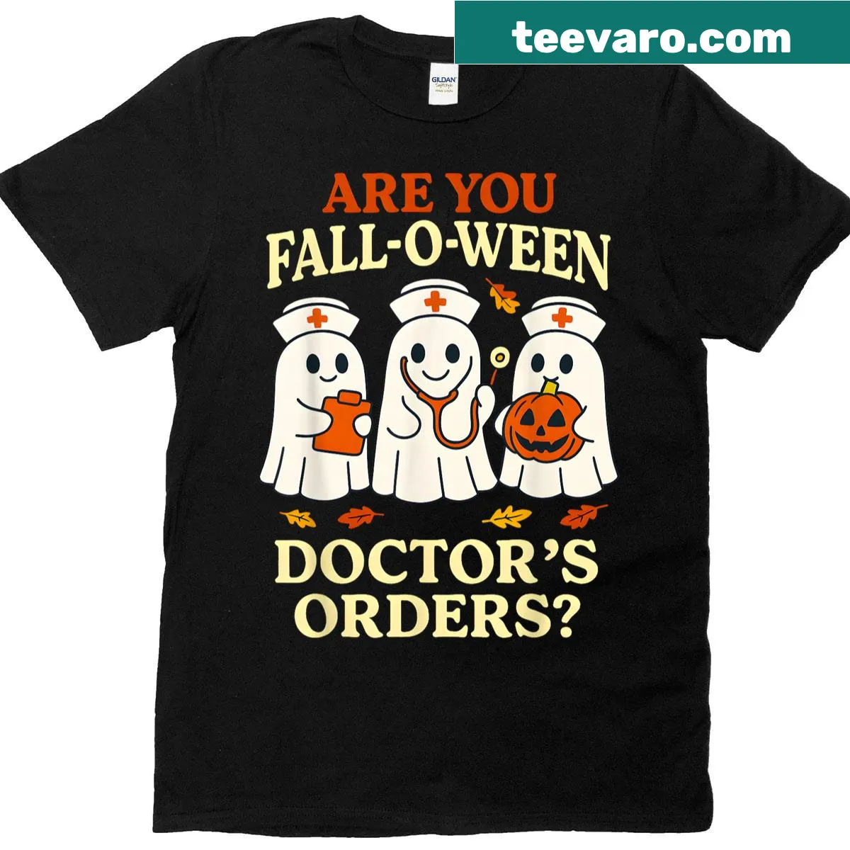Cartoon-style T-shirt with a humorous Halloween theme for nurses — on a men's t-shirt
