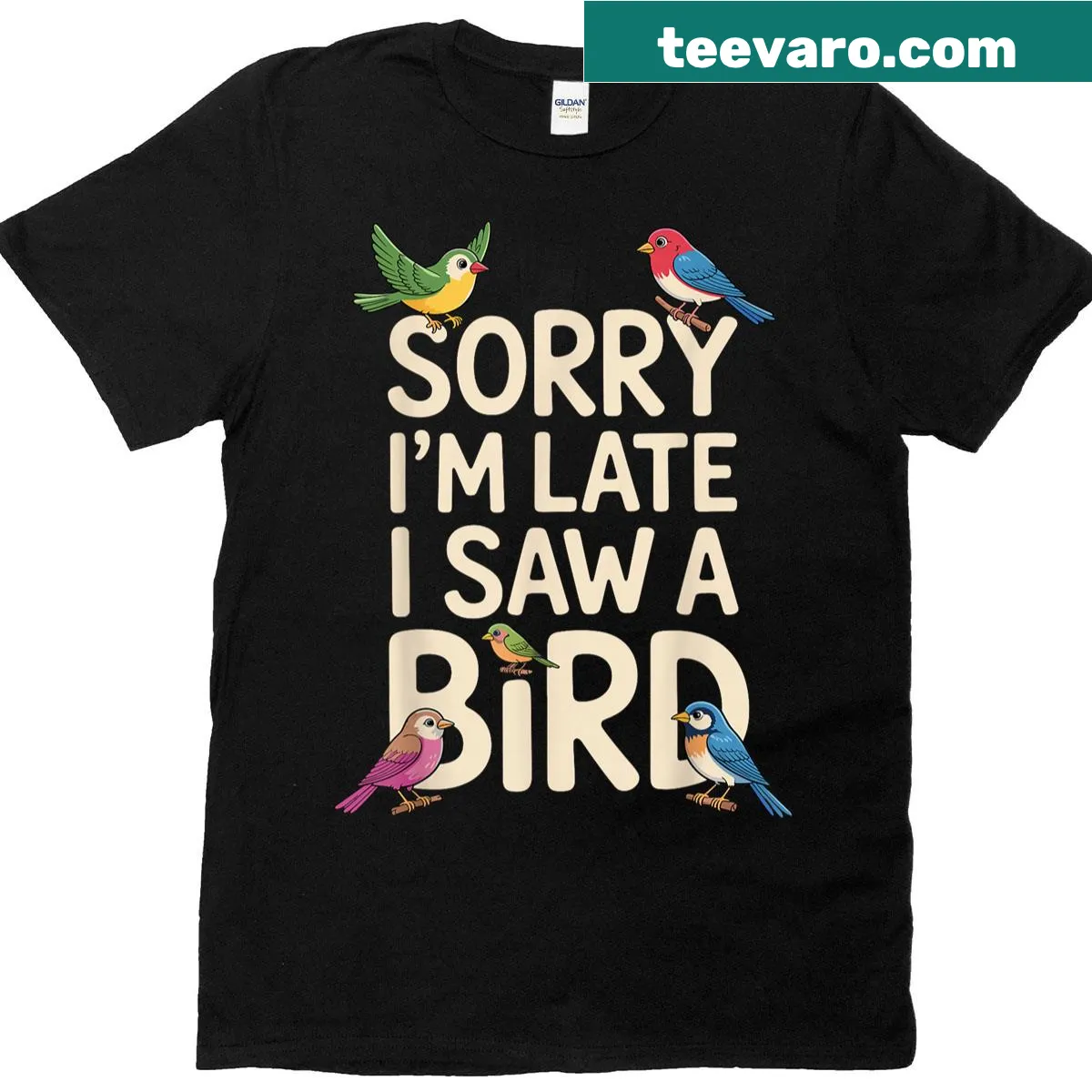 Whimsical bird watching illustration T-shirt for bird lovers — on a men's t-shirt