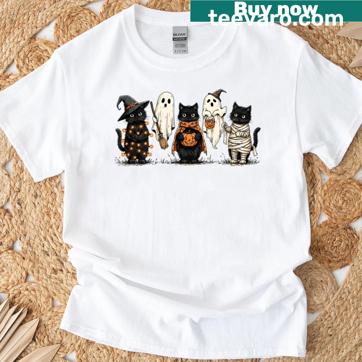Funny Halloween T-shirt featuring a black cat with pumpkins and ghosts — on a men's t-shirt