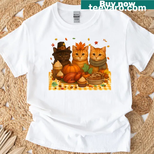 T-shirt with a cartoon cat dressed as a pilgrim for Thanksgiving