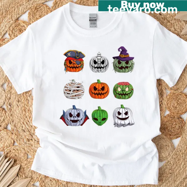 Cute Halloween T-shirt with cartoon pumpkin characters in costumes