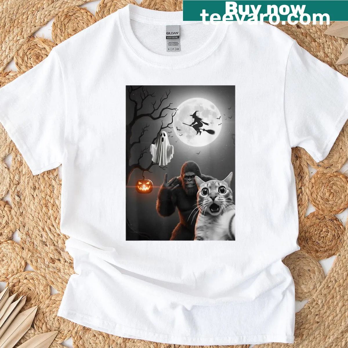 Cartoon ghost cat in Bigfoot costume for Halloween — on a men's t-shirt