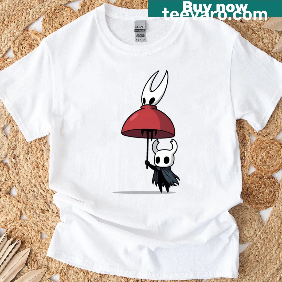 Humorous t-shirt featuring characters from Hollow Knight game — on a men's t-shirt