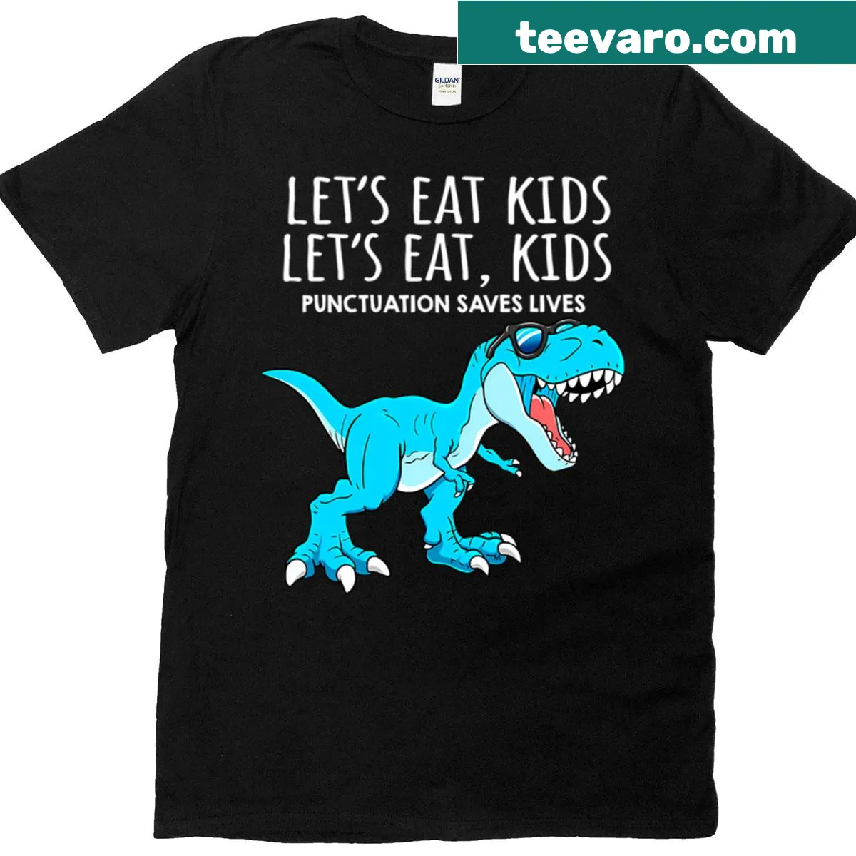 T-shirt with dinosaur graphic and humorous text about punctuation — on a men's t-shirt