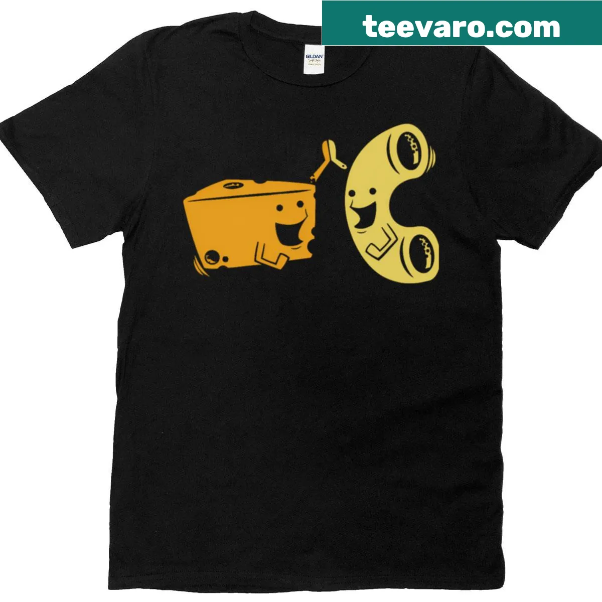 Funny macaroni and cheese design with playful text — on a men's t-shirt