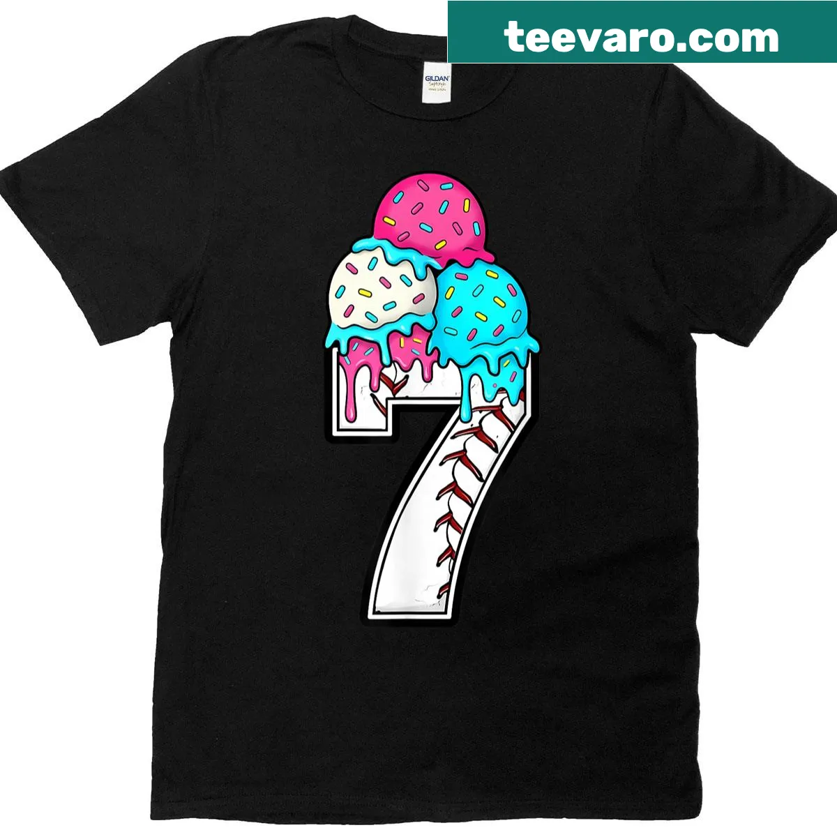 Couple matching T-shirt with a funny number 7 baseball drip design — on a men's t-shirt