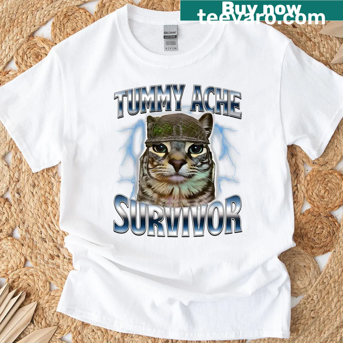 Funny cat meme design saying Cats Tummy Ache Survivor — on a men's t-shirt