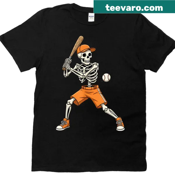 Cartoon skeleton baseball player T-shirt for Halloween