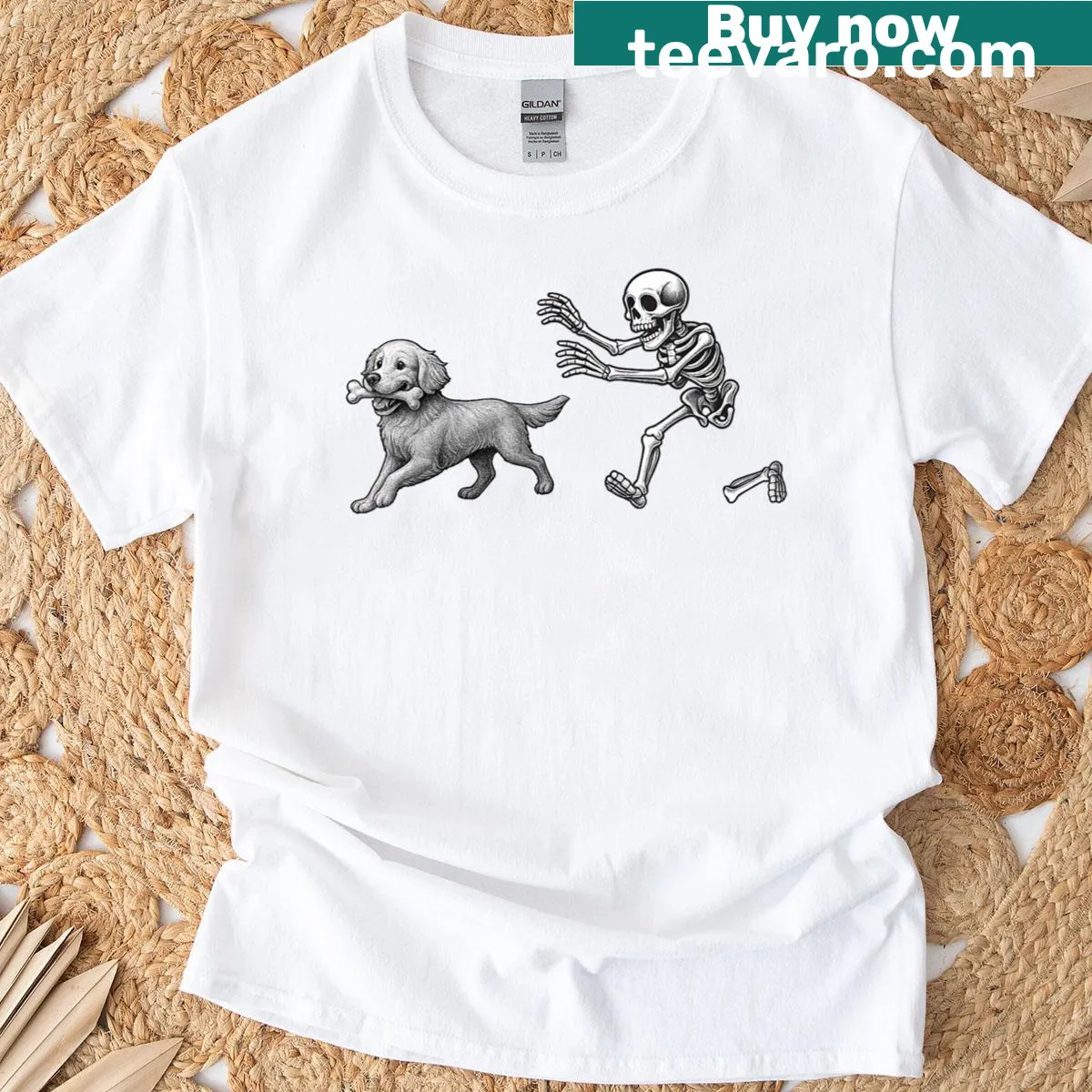 Cartoon skeleton chasing a golden retriever on Halloween t-shirt — on a men's t-shirt