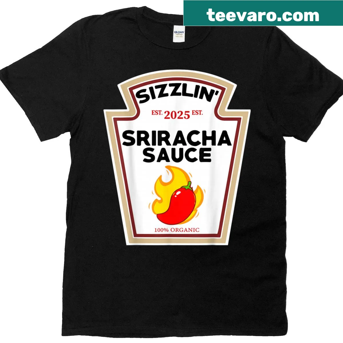 T-shirt featuring a humorous Sriracha sauce design for Halloween — on a men's t-shirt
