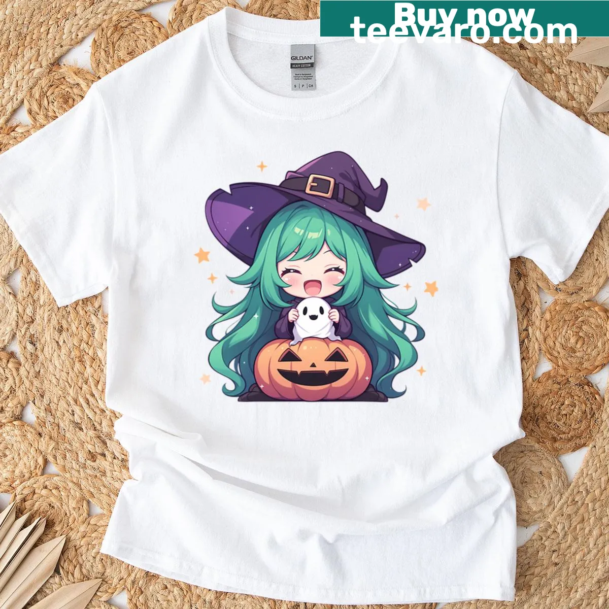 Chibi Baizhu from Genshin Impact with pumpkins and ghosts — on a men's t-shirt