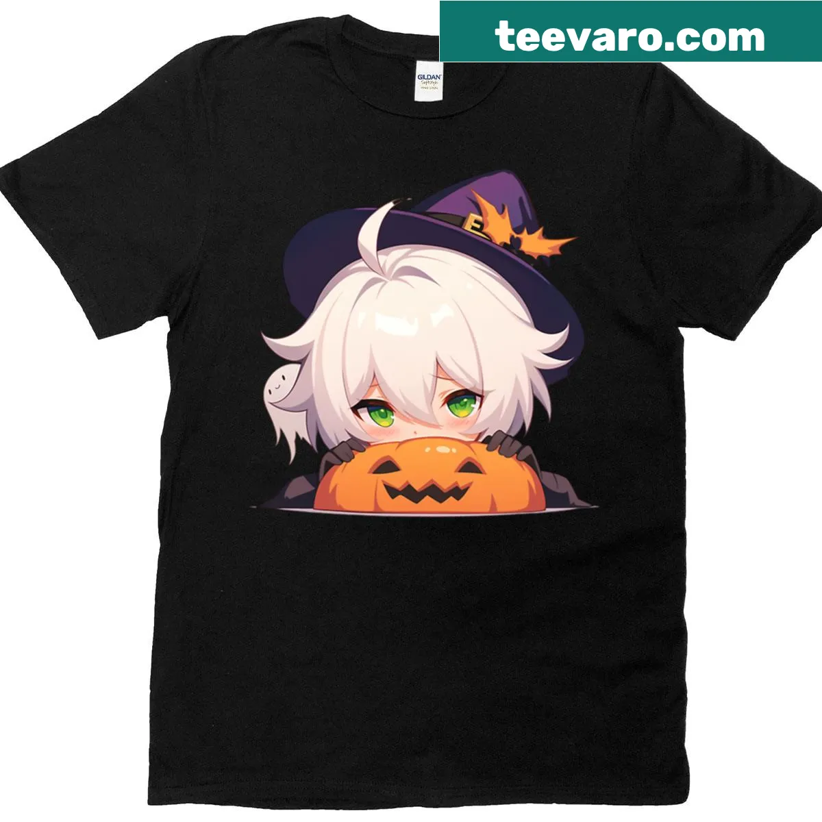 Cute chibi anime boy witch with pumpkins Halloween shirt — on a men's t-shirt