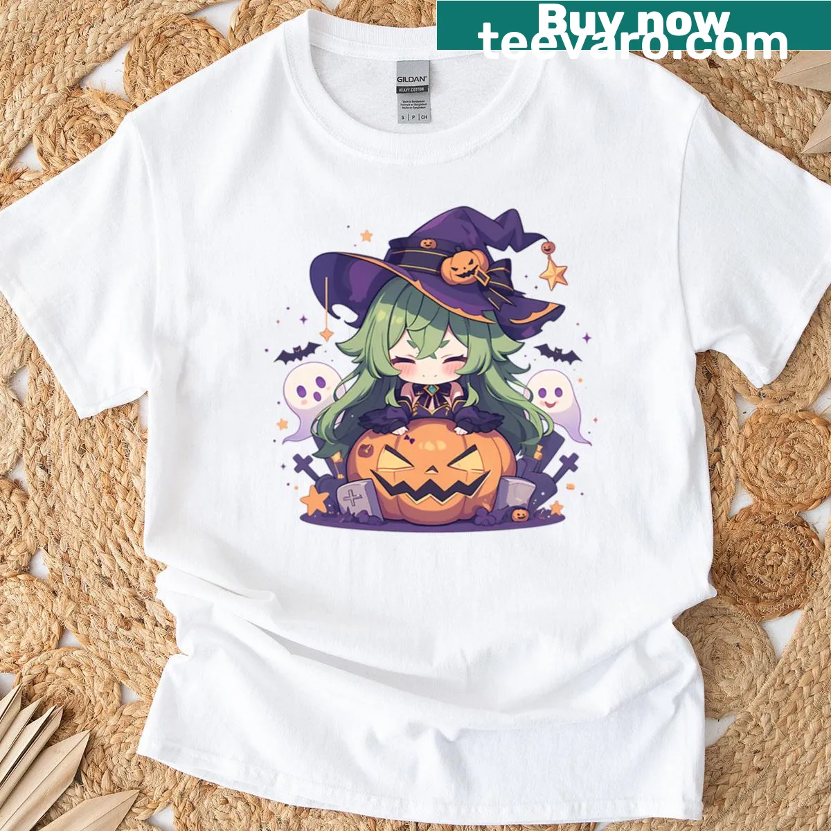 Chibi Collei from Genshin Impact with a pumpkin for Halloween — on a men's t-shirt