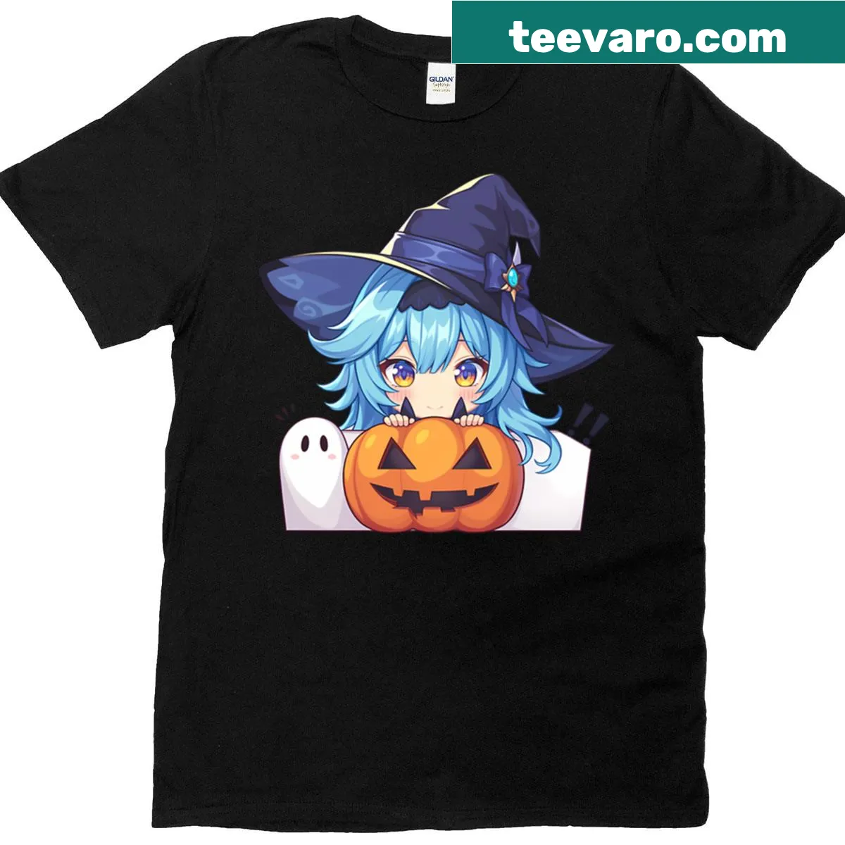 Chibi witch graphic with pumpkin from Genshin Impact — on a men's t-shirt