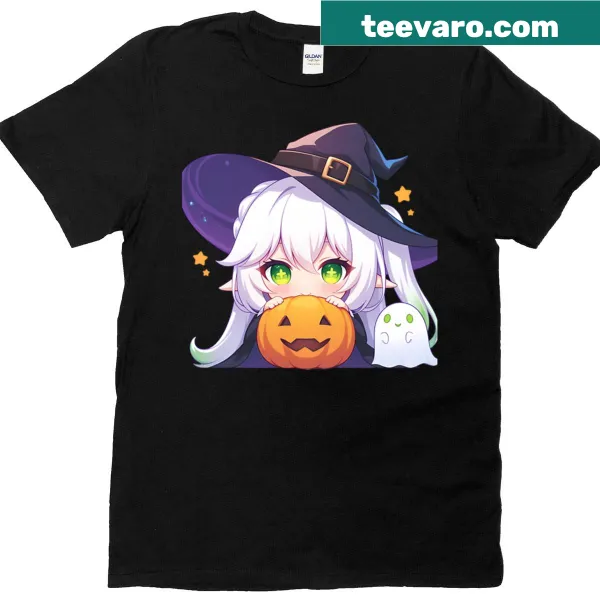 Cute Genshin Impact chibi t-shirt featuring Nahida and pumpkins.