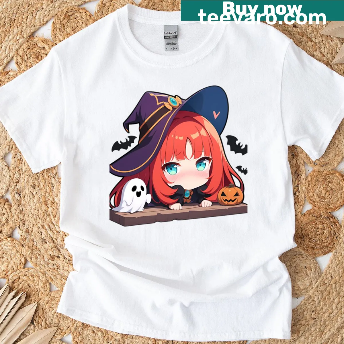 Chibi Nilou from Genshin Impact with Halloween pumpkins — on a men's t-shirt