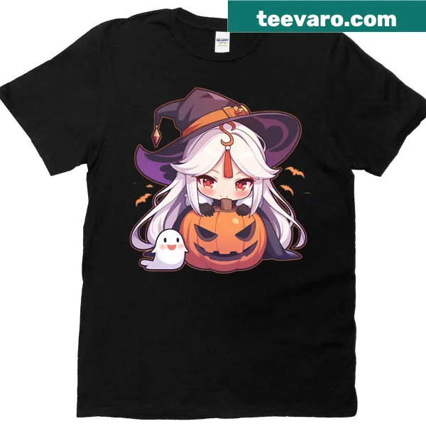 Kawaii Halloween T-shirt featuring chibi Ningguang as a witch with pumpkins and a ghost