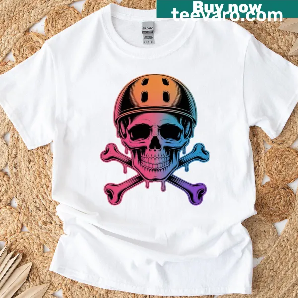 Graphic t-shirt featuring skull and pickleball paddles with drip effect
