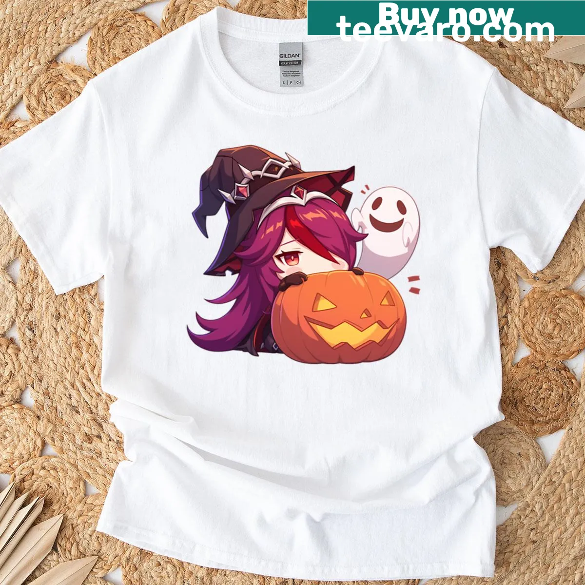 Chibi-style Halloween t-shirt featuring Rosaria from Genshin Impact. — on a men's t-shirt