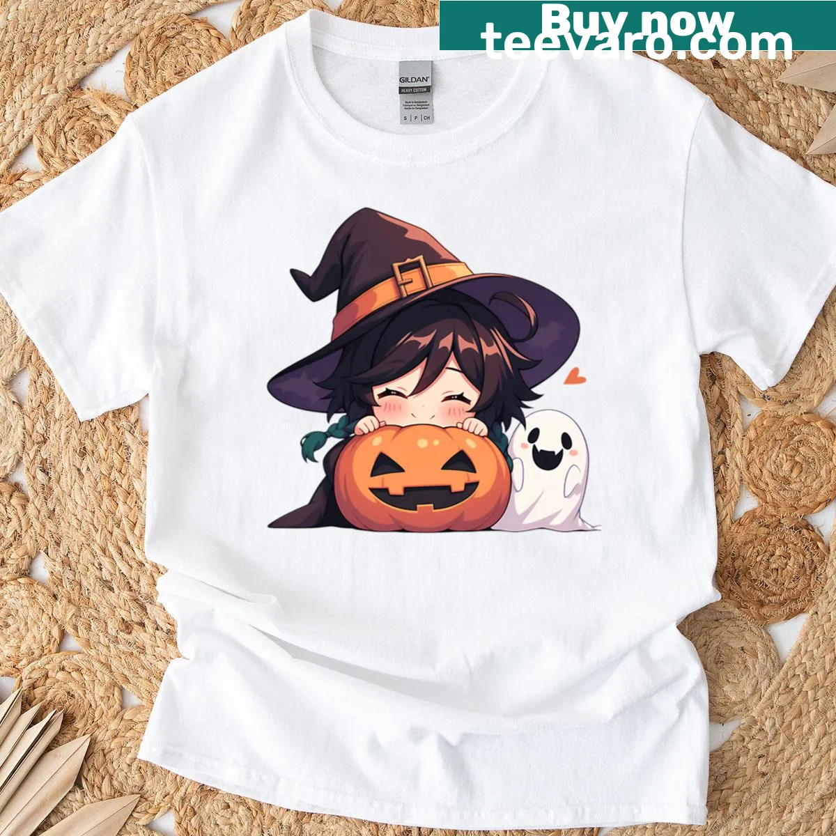 Cute chibi witch and pumpkin graphic on Genshin Impact t-shirt — on a men's t-shirt