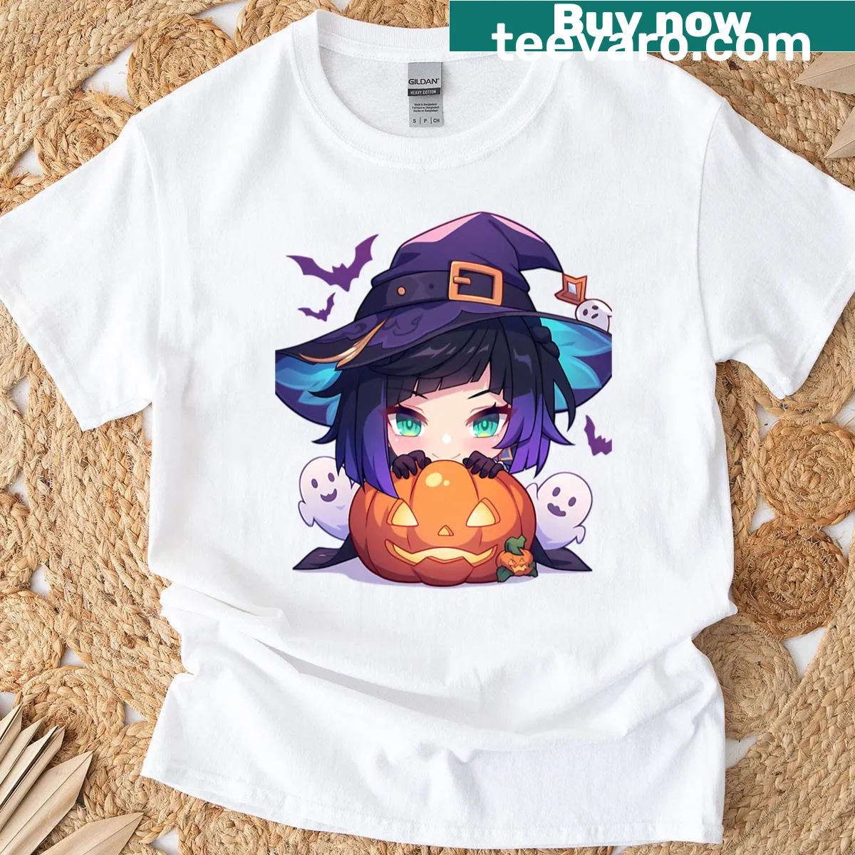 Chibi girl with pumpkin graphic on Genshin Impact t-shirt — on a men's t-shirt