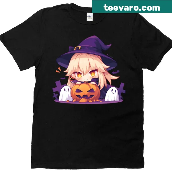Chibi Yoimiya Halloween T-shirt with pumpkins and fire magic