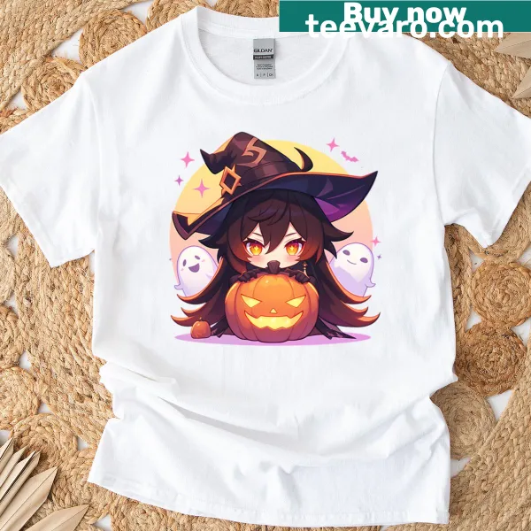 Chibi Zhongli from Genshin Impact with Halloween pumpkins and dark magic