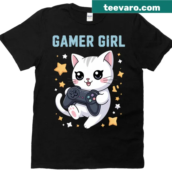 Cute kitten graphic on a gaming-themed t-shirt