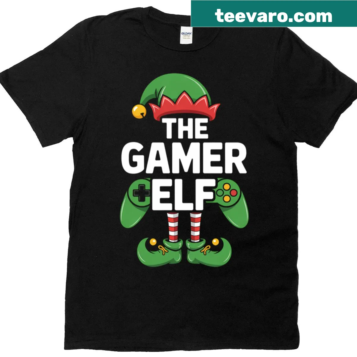 Gamer-themed Christmas t-shirt with festive graphics — on a men's t-shirt