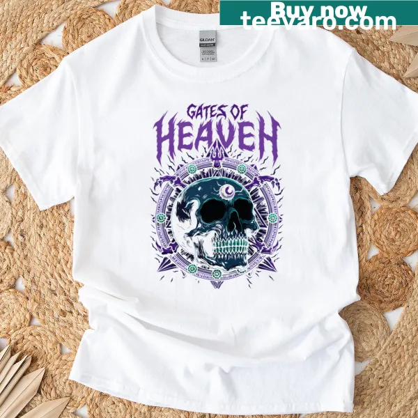Artistic depiction of the Gates of Heaven with serpents on a t-shirt