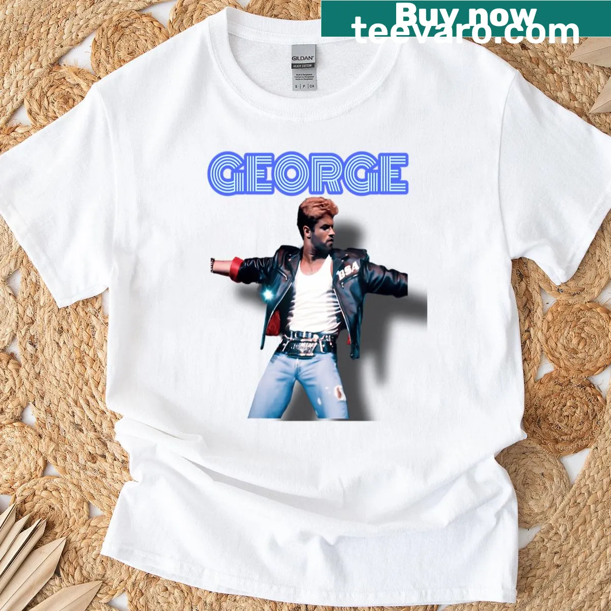 Retro t-shirt featuring George Michael in leather jacket pose — on a men's t-shirt
