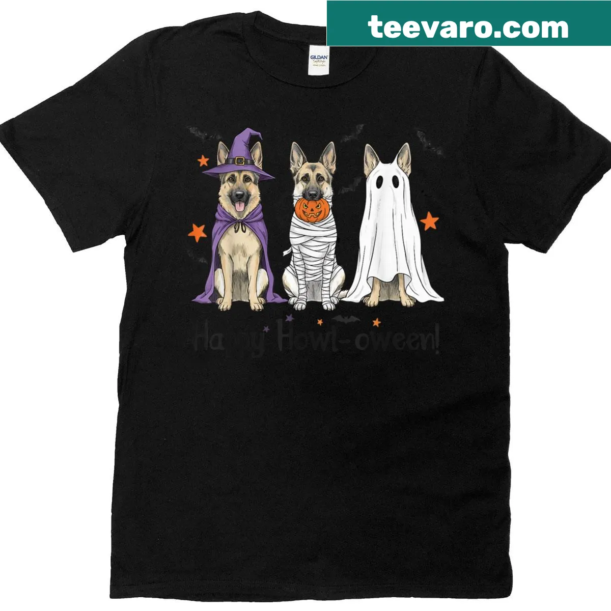 Adorable German Shepherd in Halloween costumes on a T-shirt — on a men's t-shirt