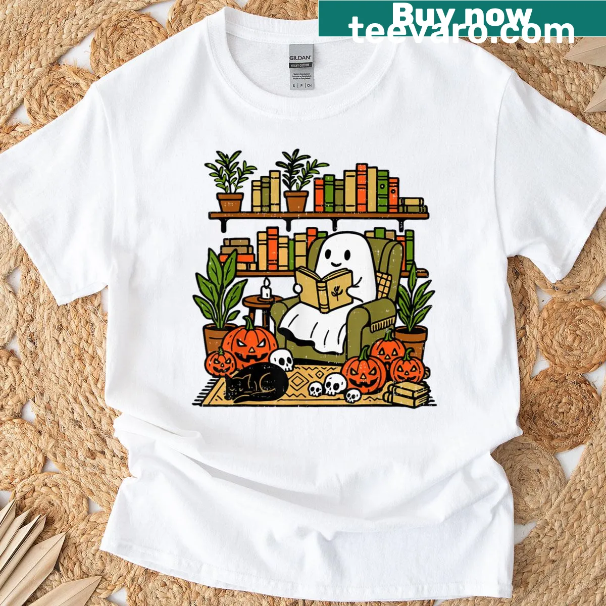 Ghostly librarian with floating books in a spooky design — on a men's t-shirt