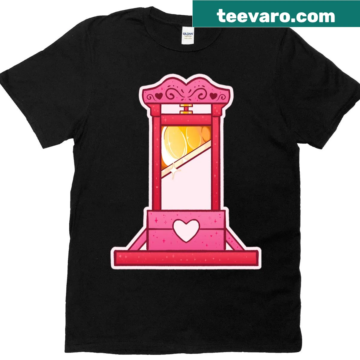 Cute guillotine-themed cartoon t-shirt with playful graphic — on a men's t-shirt