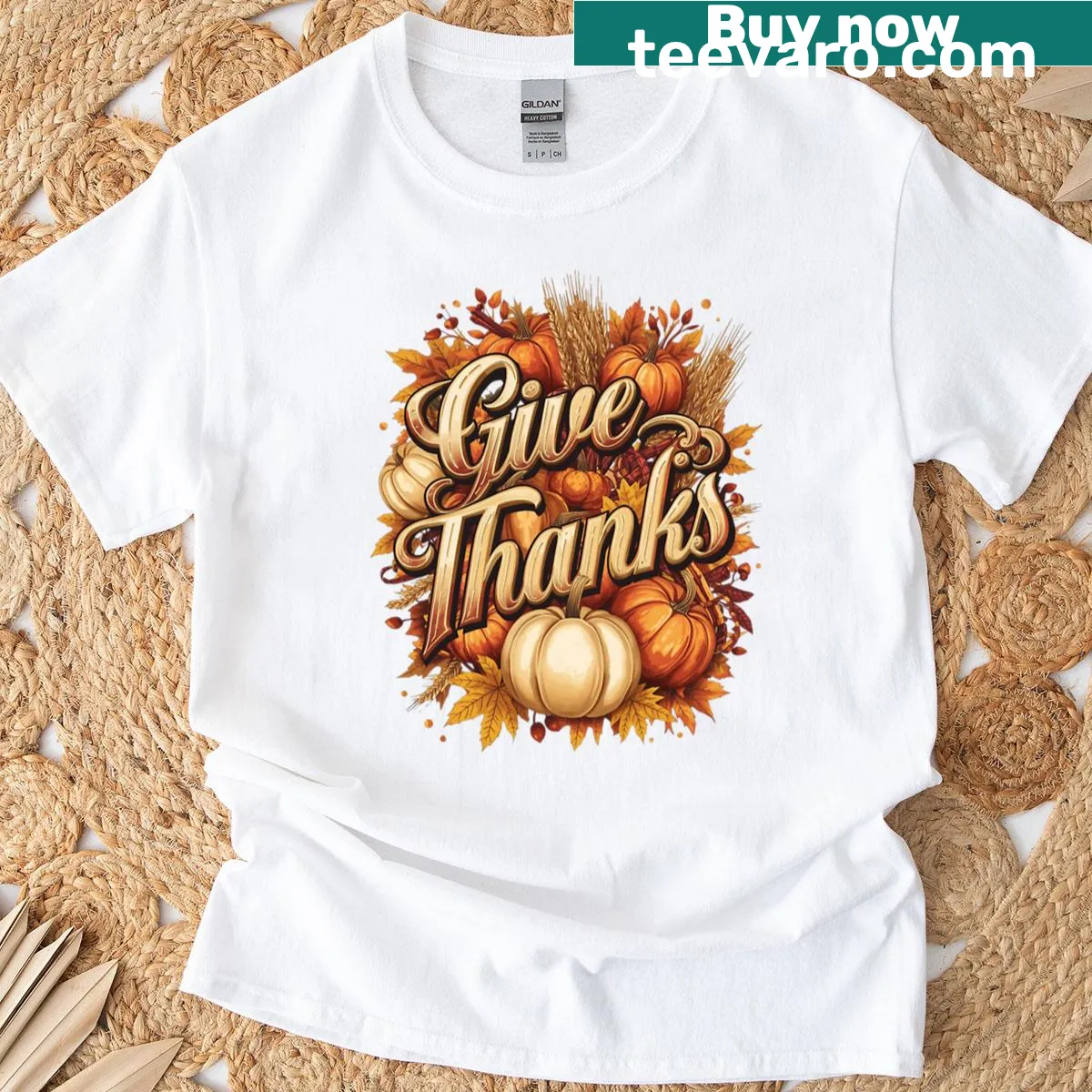 Thanksgiving T-shirt featuring autumn pumpkins and harvest design — on a men's t-shirt